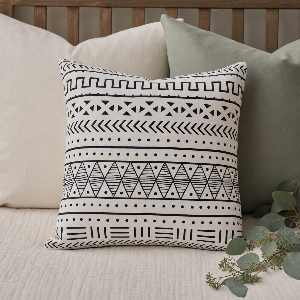 Black & White Mudcloth Cushion styled with complementary cushions