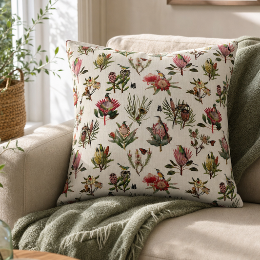 Cape Fynbos Botanical Cushion styled in a living room