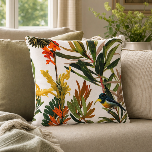 Protea & Sunbird Cushion styled in a living room