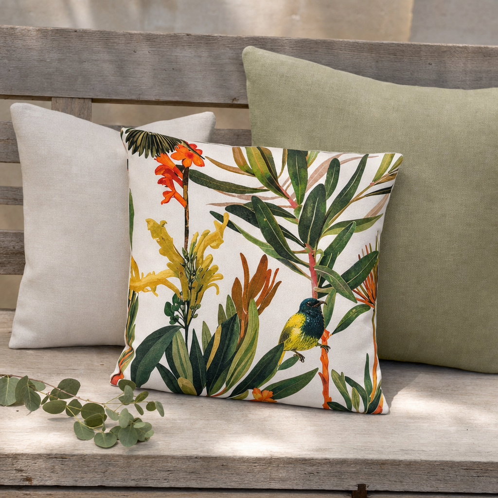 Protea & Sunbird Cushion styled with complementary cushions