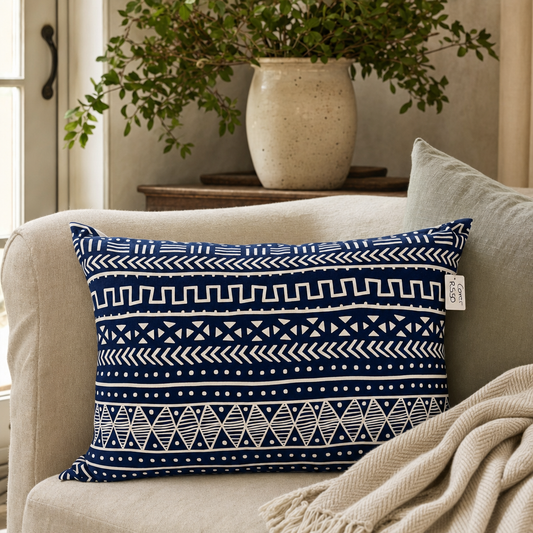 Navy & White Mudcloth Lumbar Cushion styled in a living room