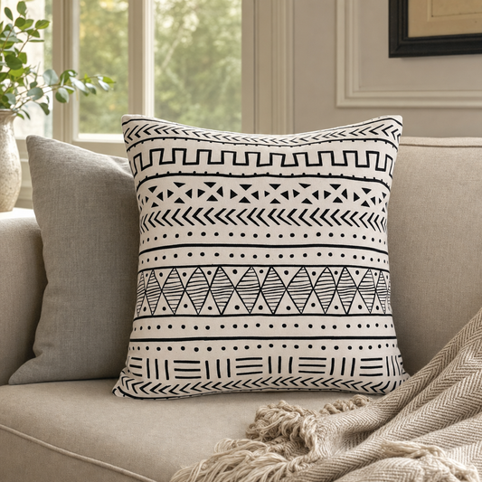 Black & White Mudcloth Cushion styled in a living room