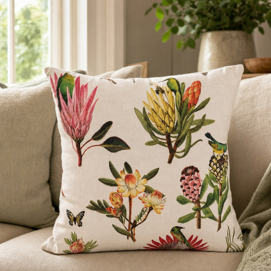 Protea Study Cushion styled in a living room