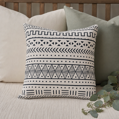 Black & White Mudcloth Cushion styled with complementary cushions