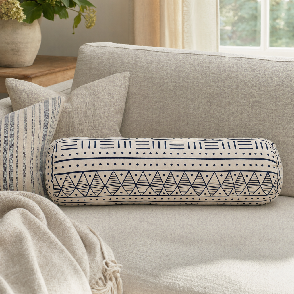 Navy & Cream Mudcloth Bolster styled in a living room