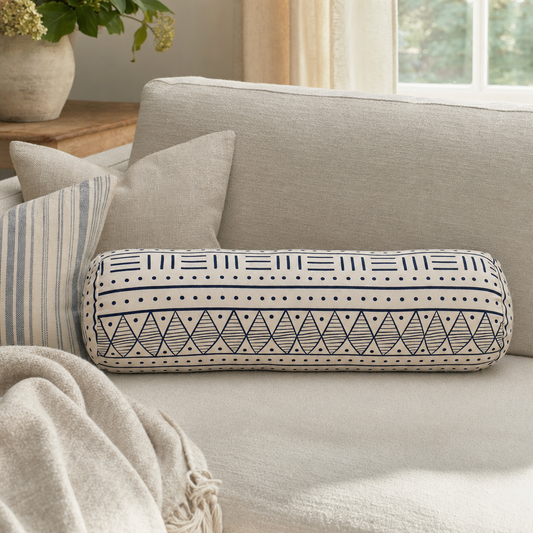 Navy & Cream Mudcloth Bolster styled in a living room