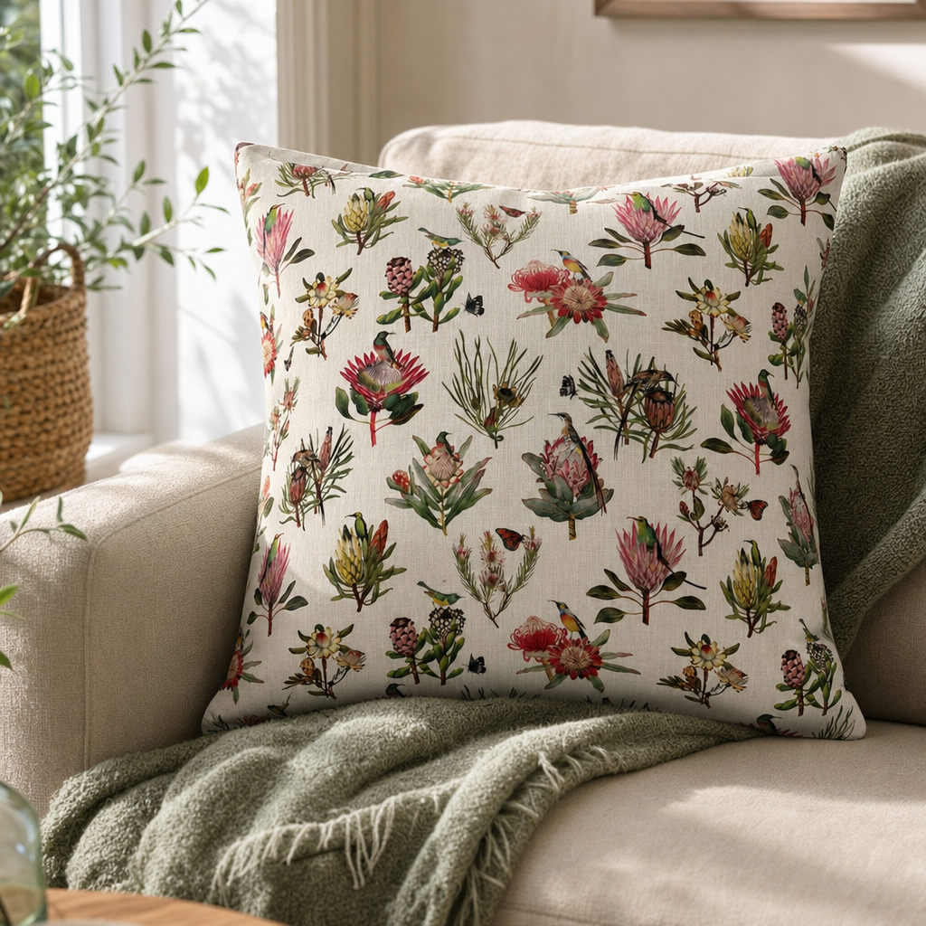 Cape Fynbos Botanical Cushion styled in a living room