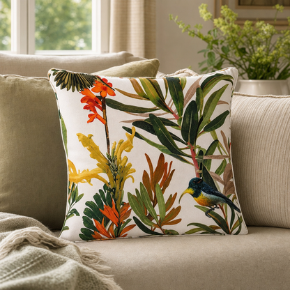 Protea & Sunbird Cushion styled in a living room