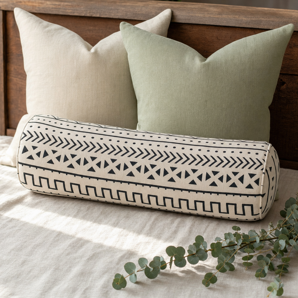 Black & White Mudcloth Bolster styled with complementary cushions