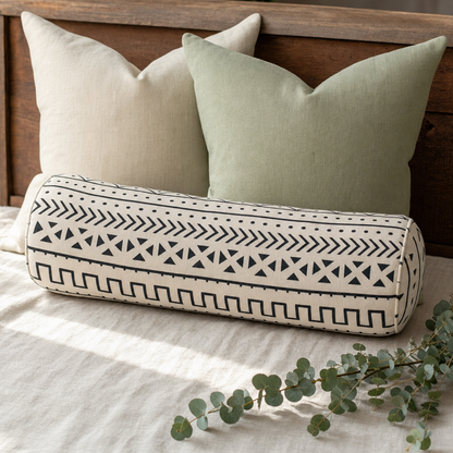 Black & White Mudcloth Bolster styled with complementary cushions