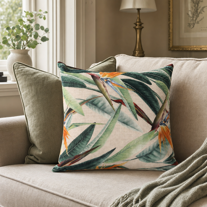 Bird of Paradise Cushion styled in a living room