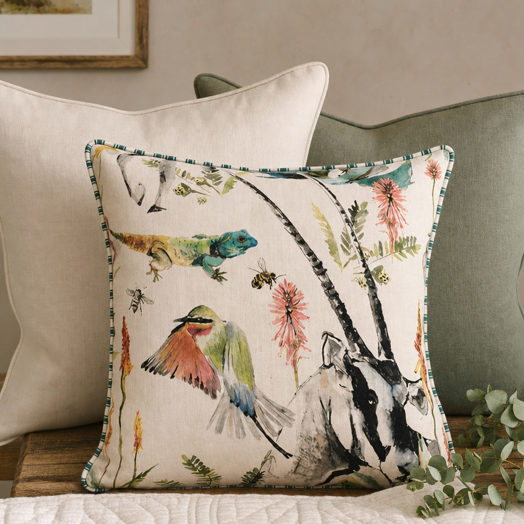 Aloe & Oryx Cushion styled with complementary cushions