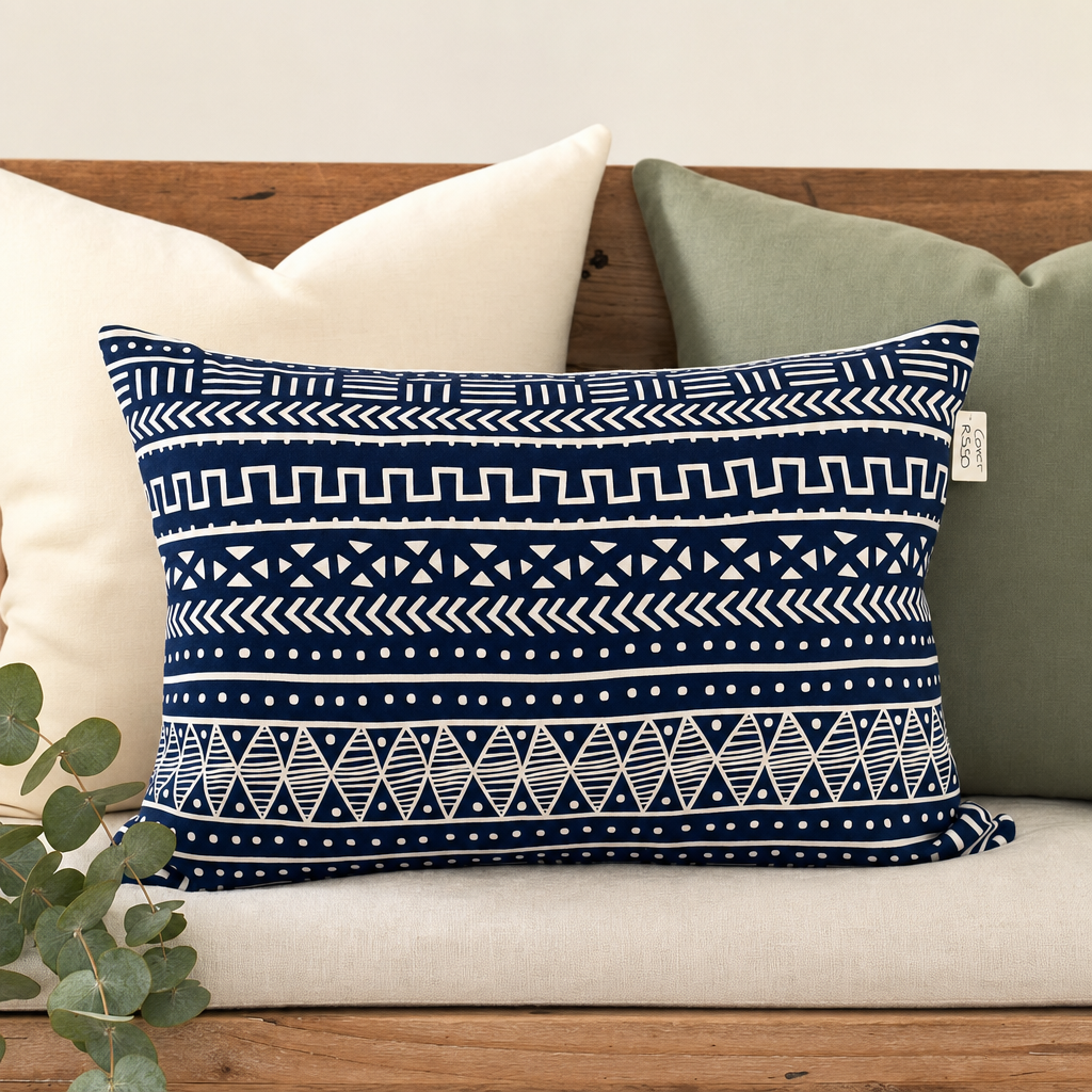Navy & White Mudcloth Lumbar Cushion styled with complementary cushions