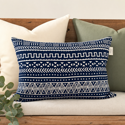 Navy & White Mudcloth Lumbar Cushion styled with complementary cushions