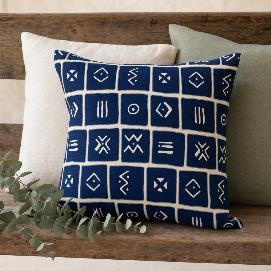 Navy & White Mudcloth Tile Cushion styled with complementary cushions