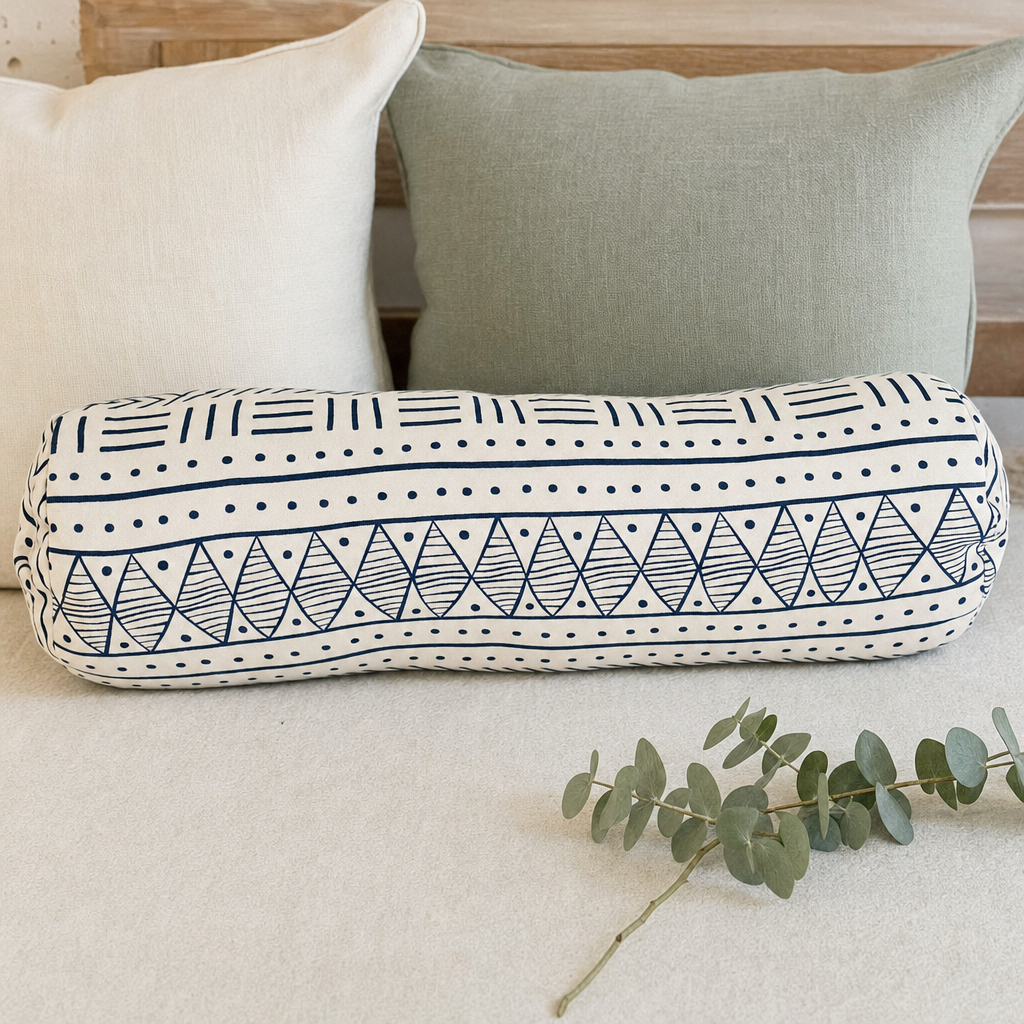 Navy & Cream Mudcloth Bolster styled with complementary cushions