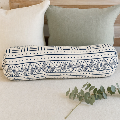 Navy & Cream Mudcloth Bolster styled with complementary cushions