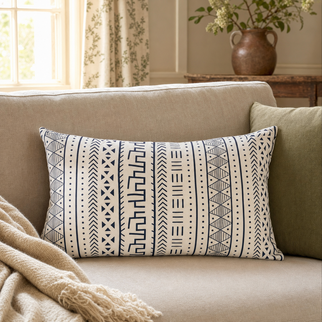 Navy & Cream Mudcloth Lumbar Cushion styled in a living room