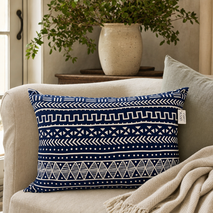 Navy & White Mudcloth Lumbar Cushion styled in a living room