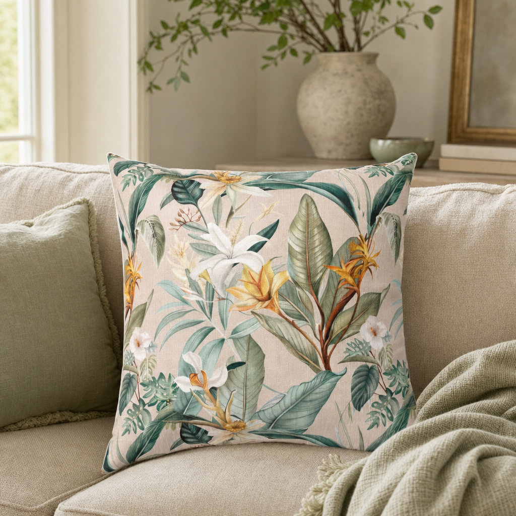 Tropical Lily Cushion styled in a living room
