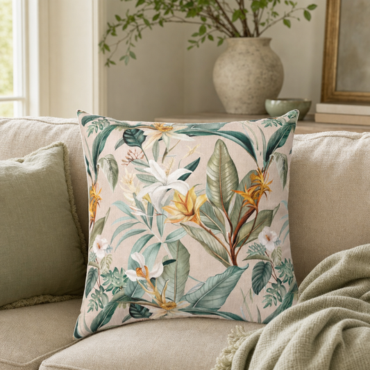 Tropical Lily Cushion styled in a living room