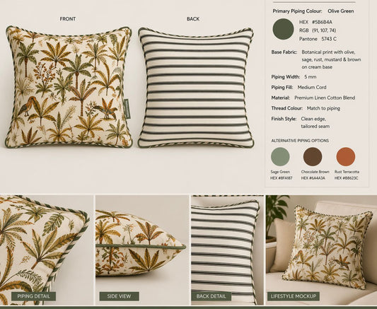 Botanical Escape palm and bird cushion