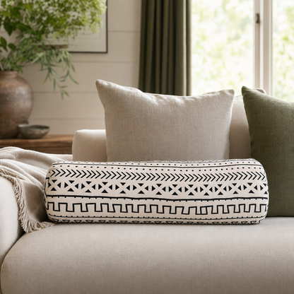 Black & White Mudcloth Bolster styled in a living room