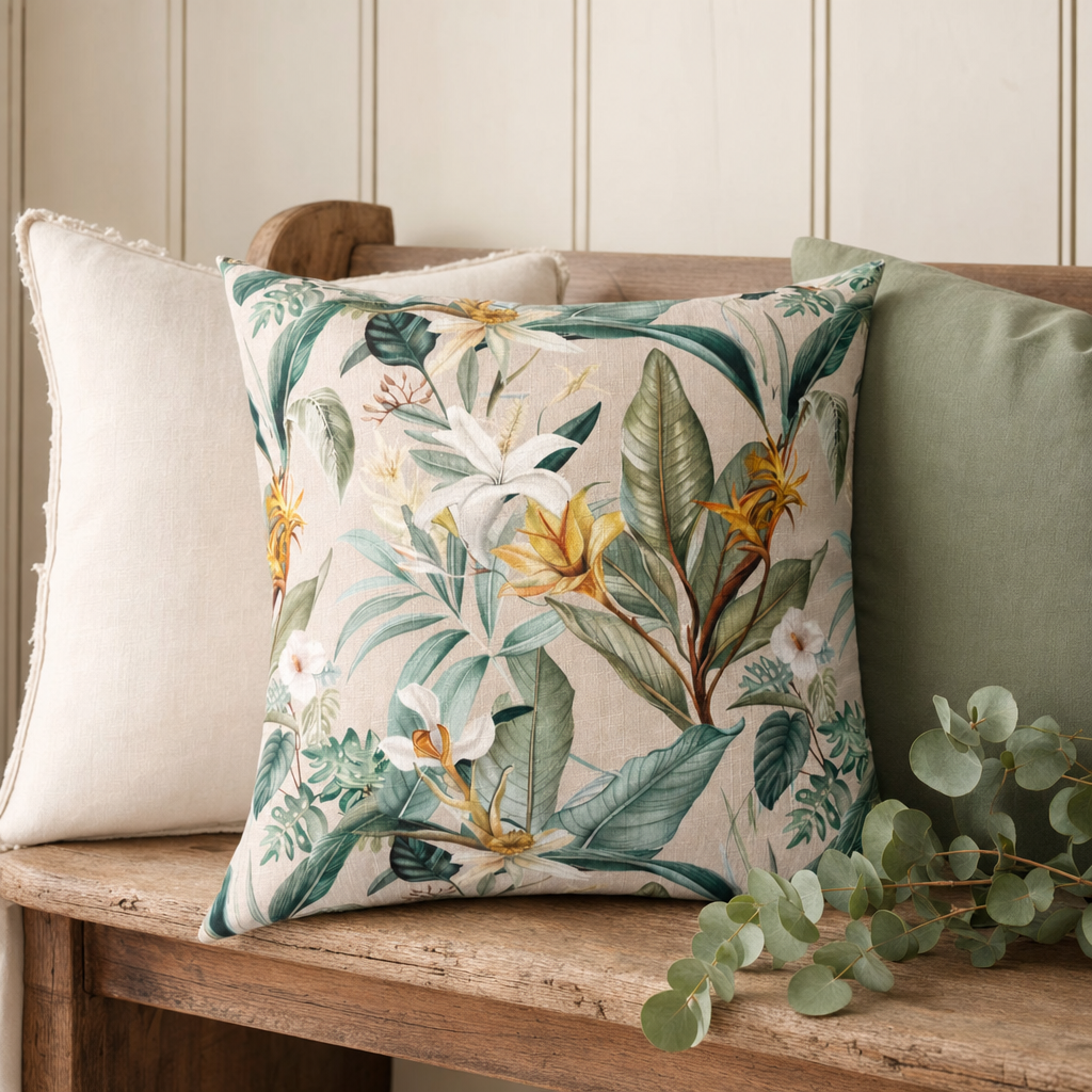 Tropical Lily Cushion styled with complementary cushions