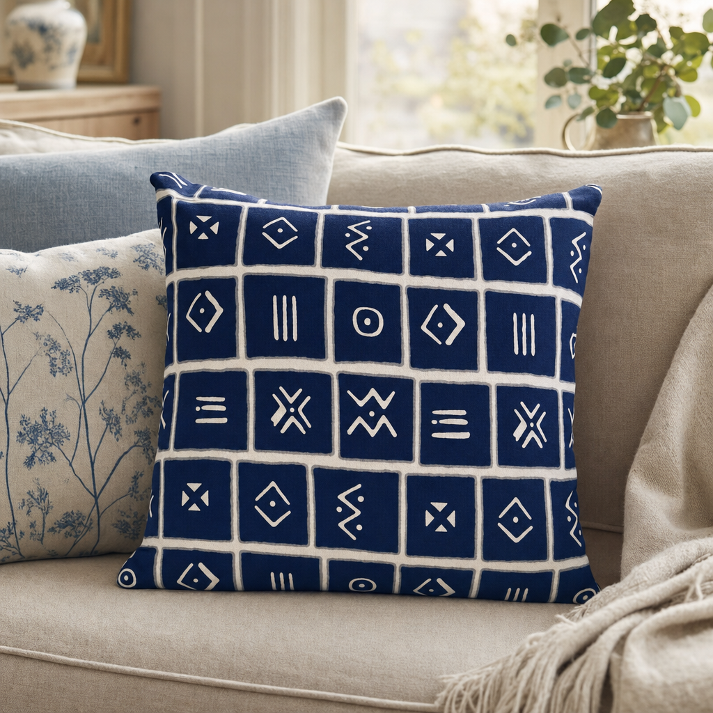 Navy & White Mudcloth Tile Cushion styled in a living room