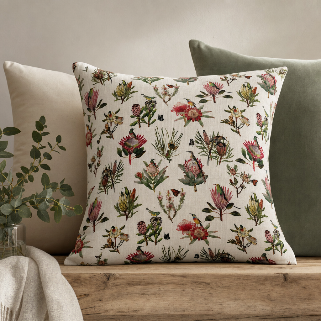 Cape Fynbos Botanical Cushion styled with complementary cushions