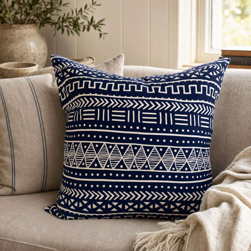 Navy & White Mudcloth Cushion styled in a living room