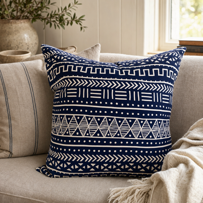 Navy & White Mudcloth Cushion styled in a living room