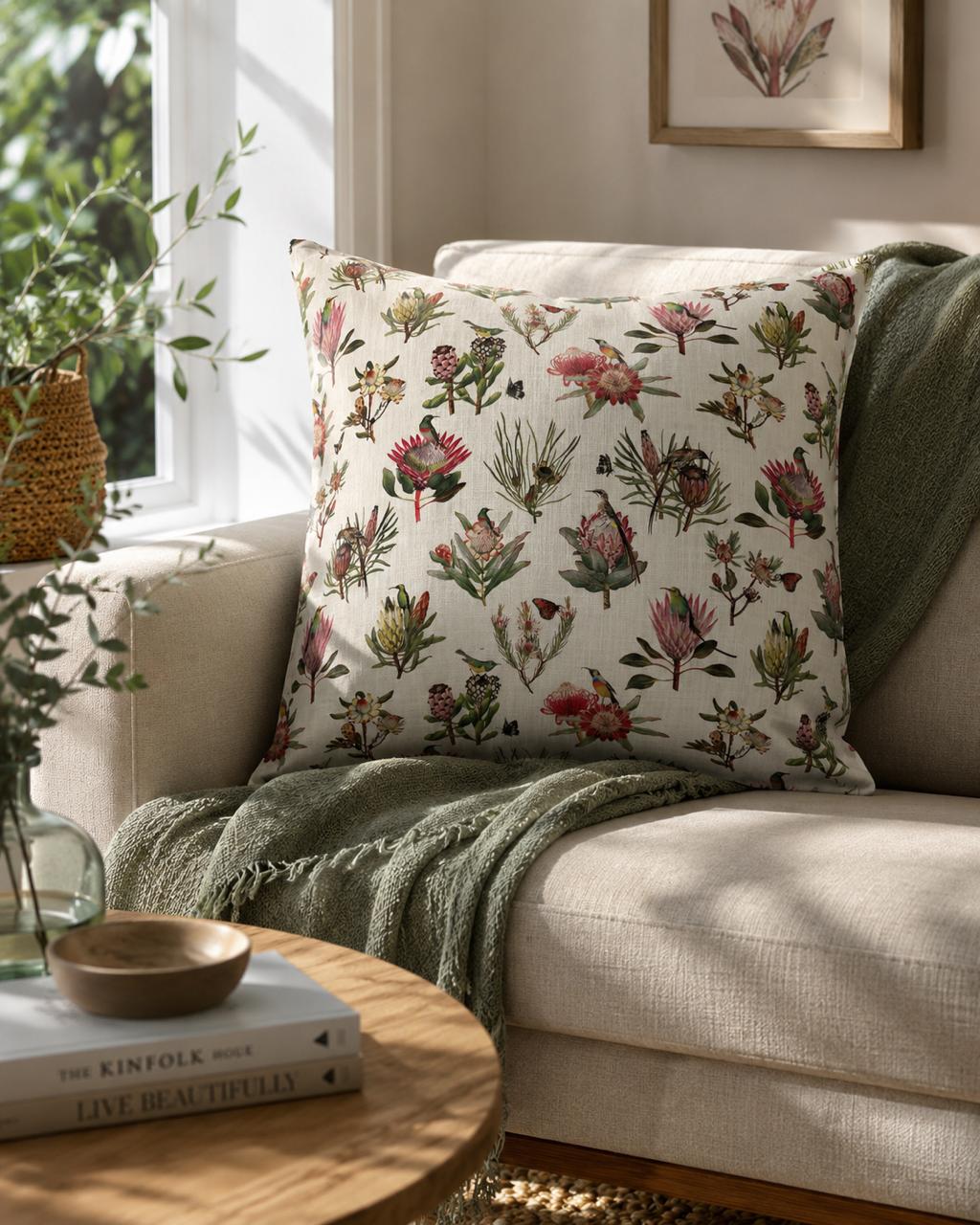 Botanical protea cushion on a cream linen sofa with sage throw, in a Cumbrian sitting room